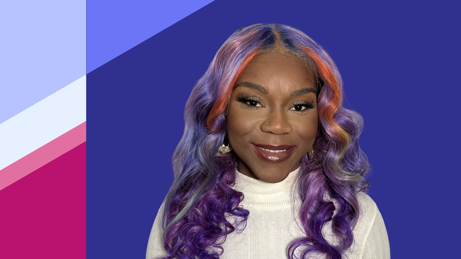 headshot of patient panel member Maria Lawal with colorful striped background